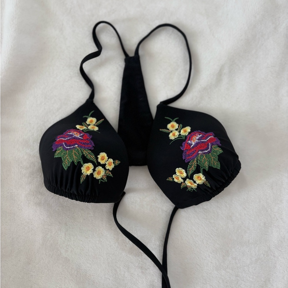 Floral Embroidered Black Bikini Top